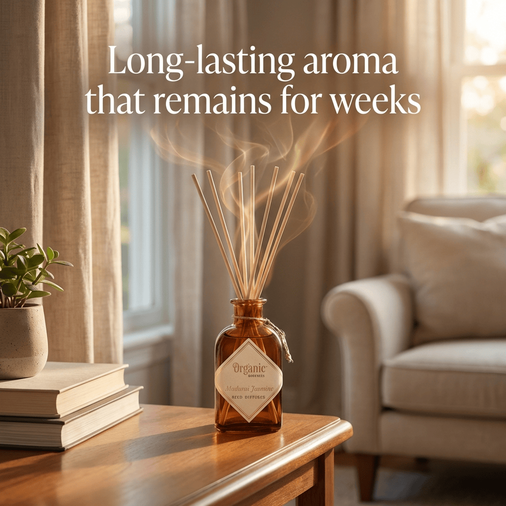 Reed diffuser on a table with text about long-lasting aroma