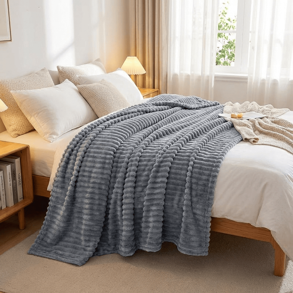 Blue ribbed fleece blanket on a bed