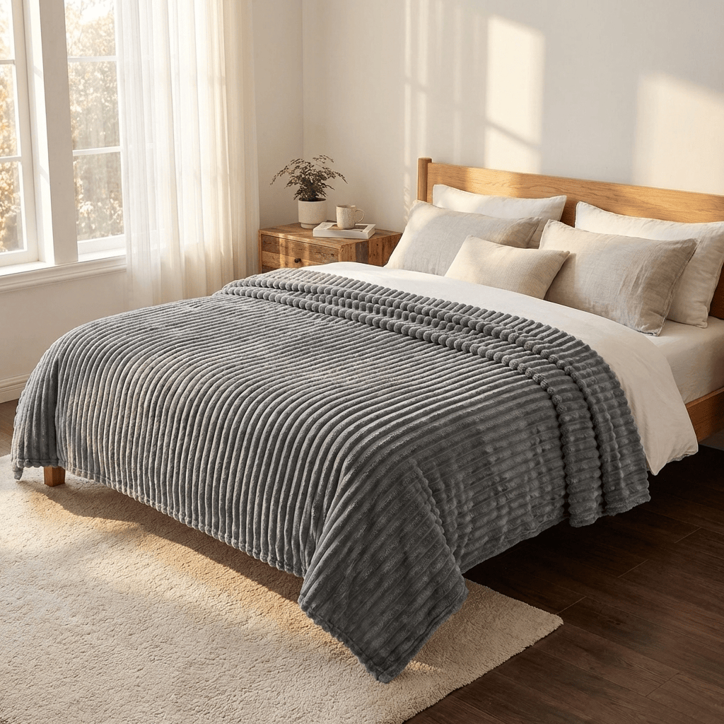Plush, soft, cozy fleece throw blanket in a bedroom.
