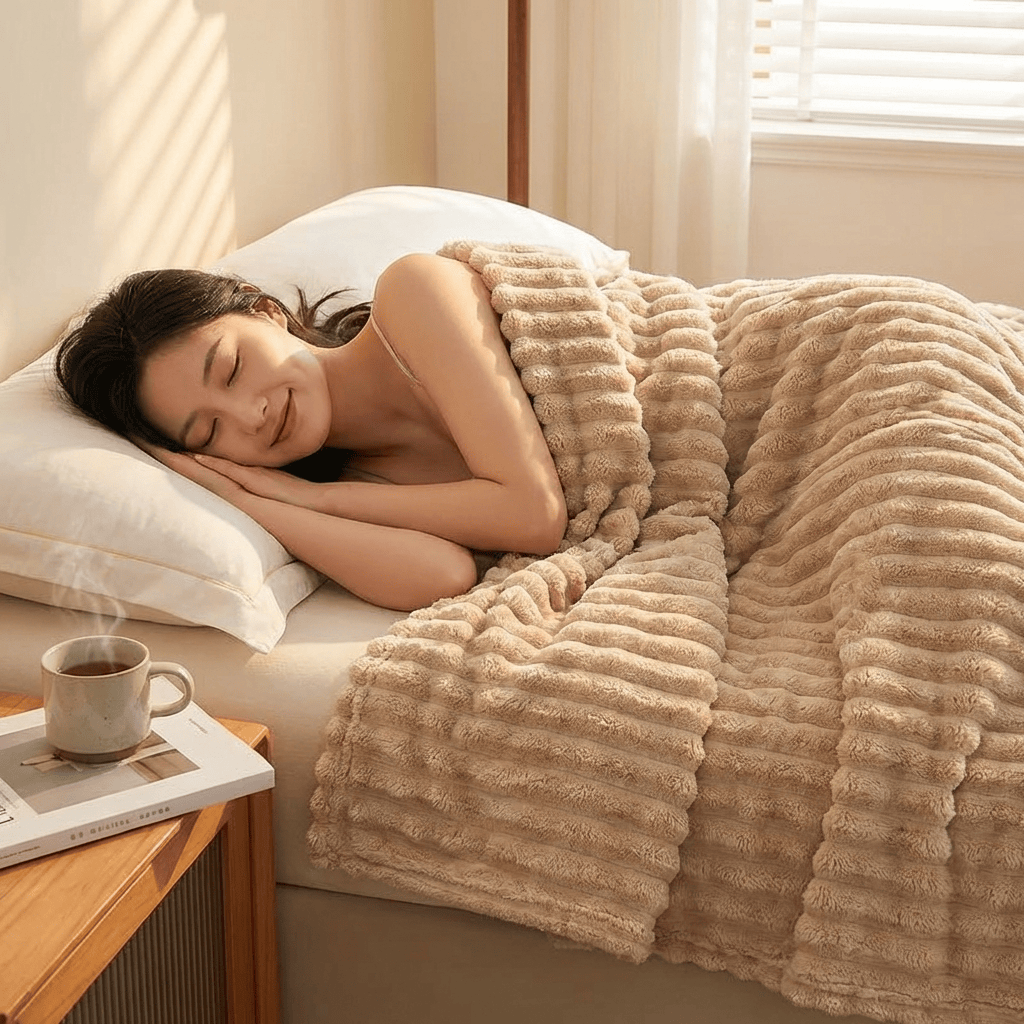 Soft, cozy, brown throw blanket being used on a bed.