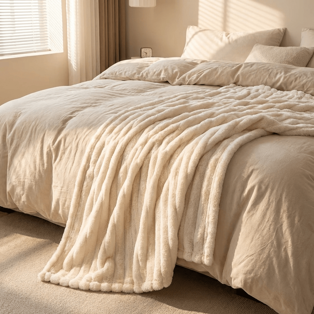 White, soft, cozy throw fleece blanket on bed