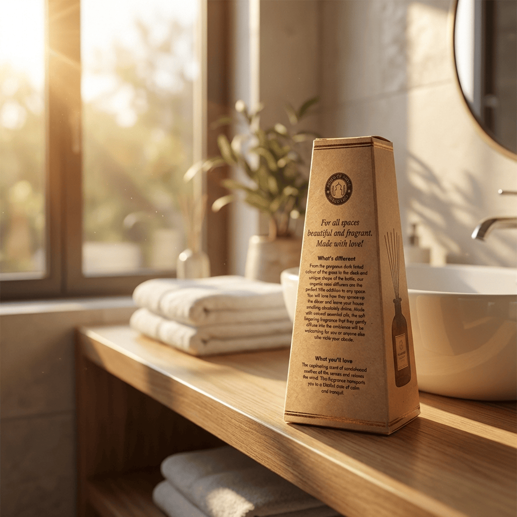Reed diffuser box on a bathroom counter