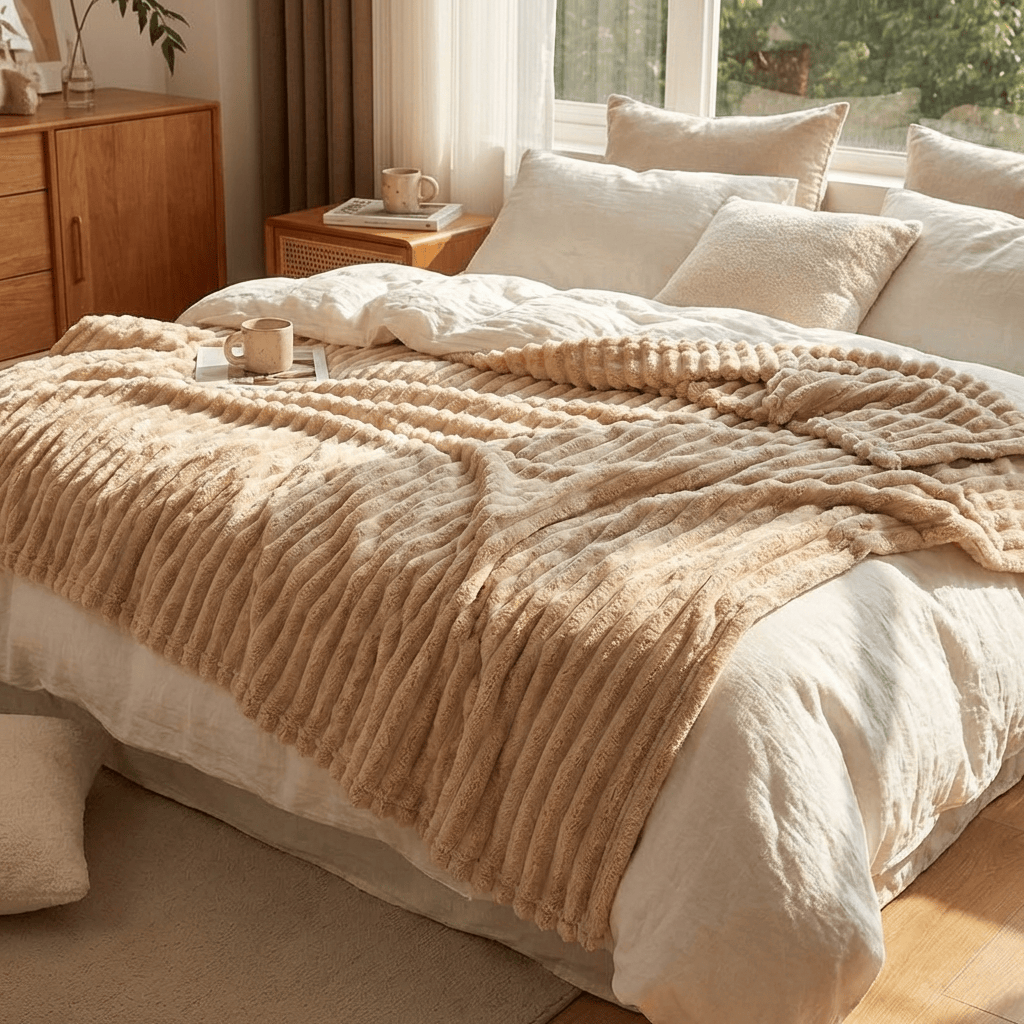 Brown ribbed fleece blanket on a bed