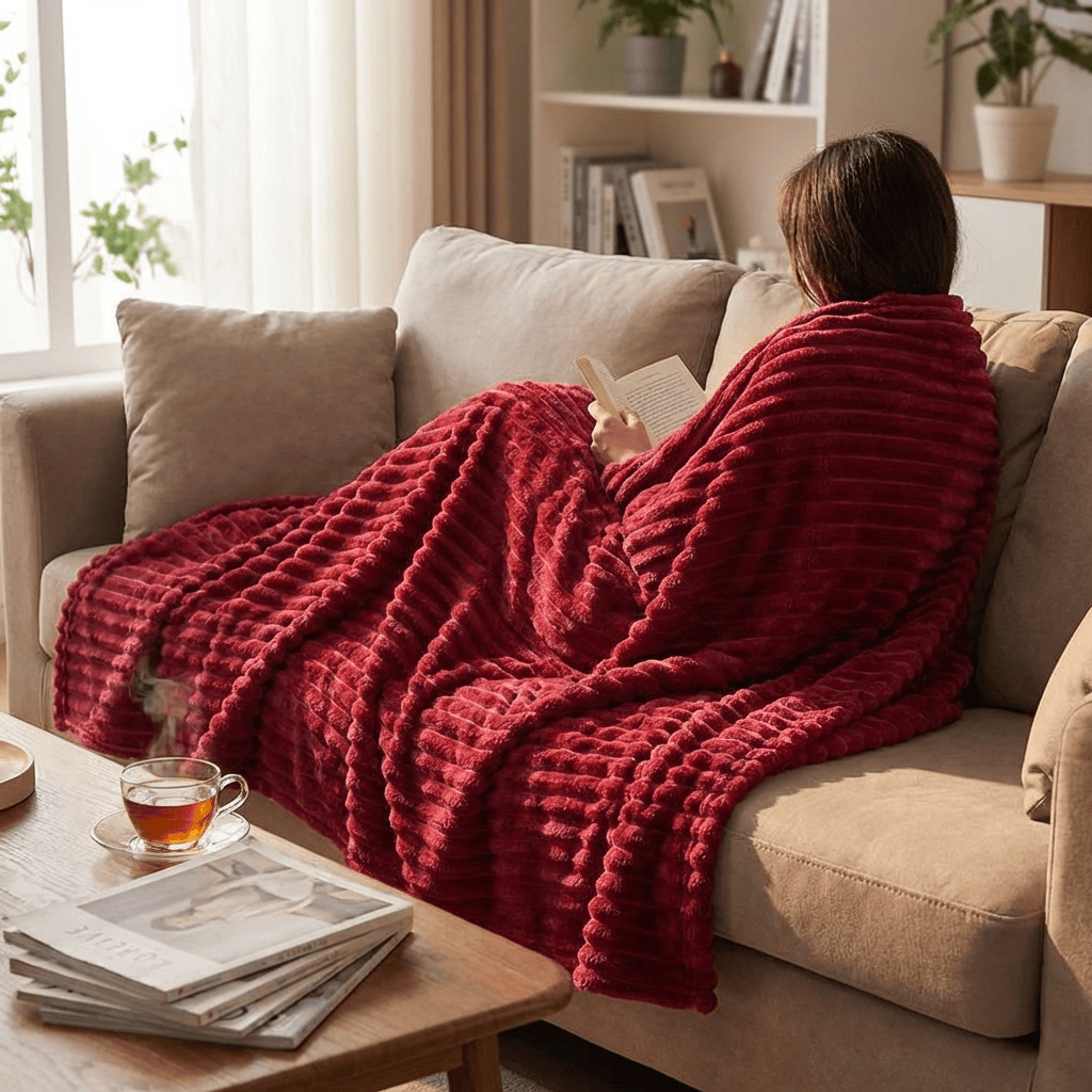 Person sitting on a couch with a red blanket, reading a book in a cozy living room.