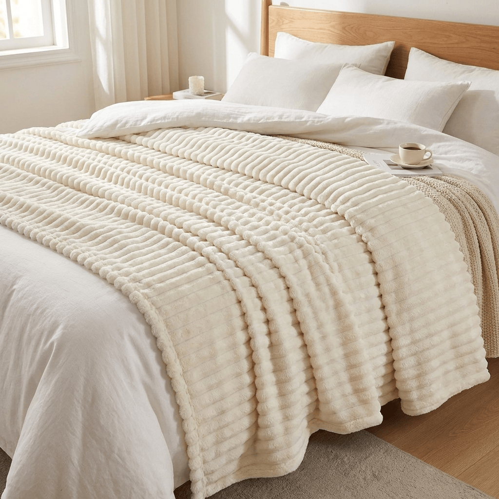 Ribbed fleece blanket on a bed